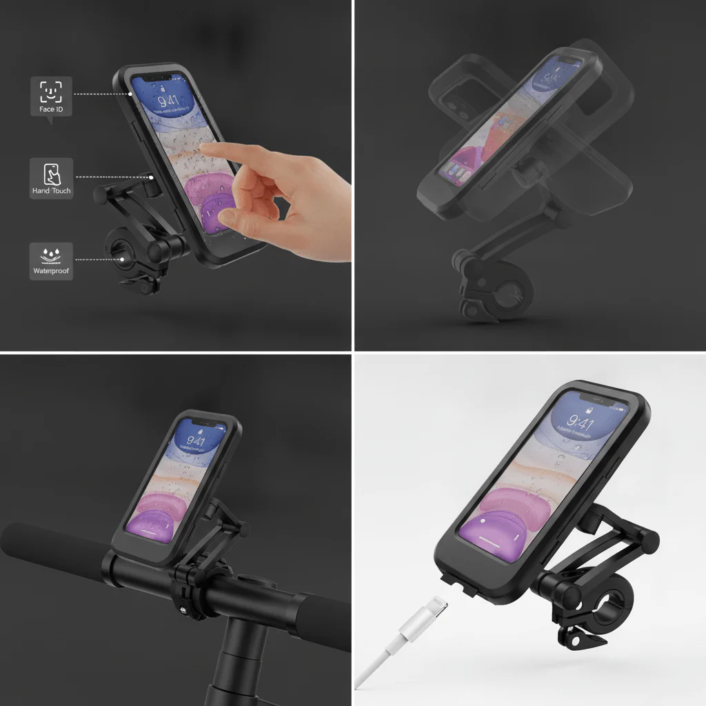 Black 360° Rotating Waterproof Bike Mobile Holder, Universal Motorcycle & Bicycle Handlebar Phone Mount with Sensitive Touch Screen Cover, Fits Smartphones Up to 7.2 Inches - Image 3