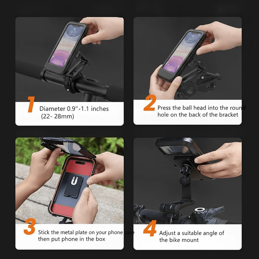 Black 360° Rotating Waterproof Bike Mobile Holder, Universal Motorcycle & Bicycle Handlebar Phone Mount with Sensitive Touch Screen Cover, Fits Smartphones Up to 7.2 Inches - Image 4
