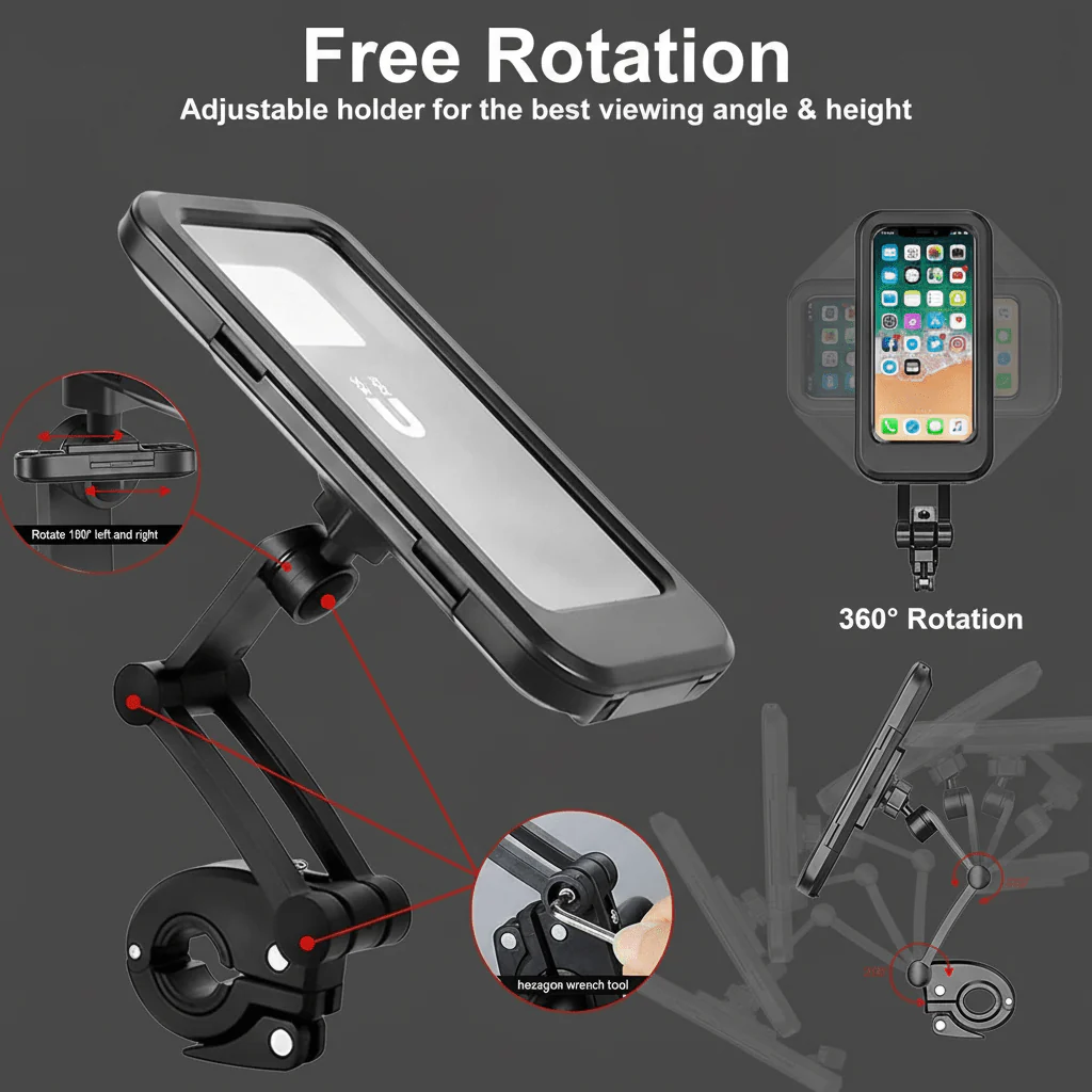 Black 360° Rotating Waterproof Bike Mobile Holder, Universal Motorcycle & Bicycle Handlebar Phone Mount with Sensitive Touch Screen Cover, Fits Smartphones Up to 7.2 Inches - Image 5